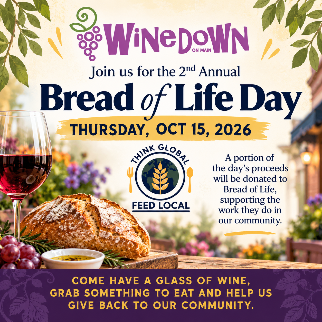 Bread of Life Wine Down Event Poster Wine Bar with Live Music in Downtown Brevard NC - wine bar